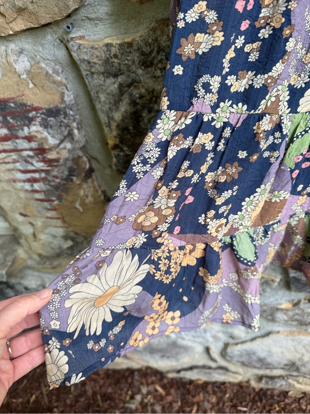 Retro 70s Print Navy & Lavender Floral Smocked Tiered Long-Sleeve Dress XL Boho - Picture 9 of 15